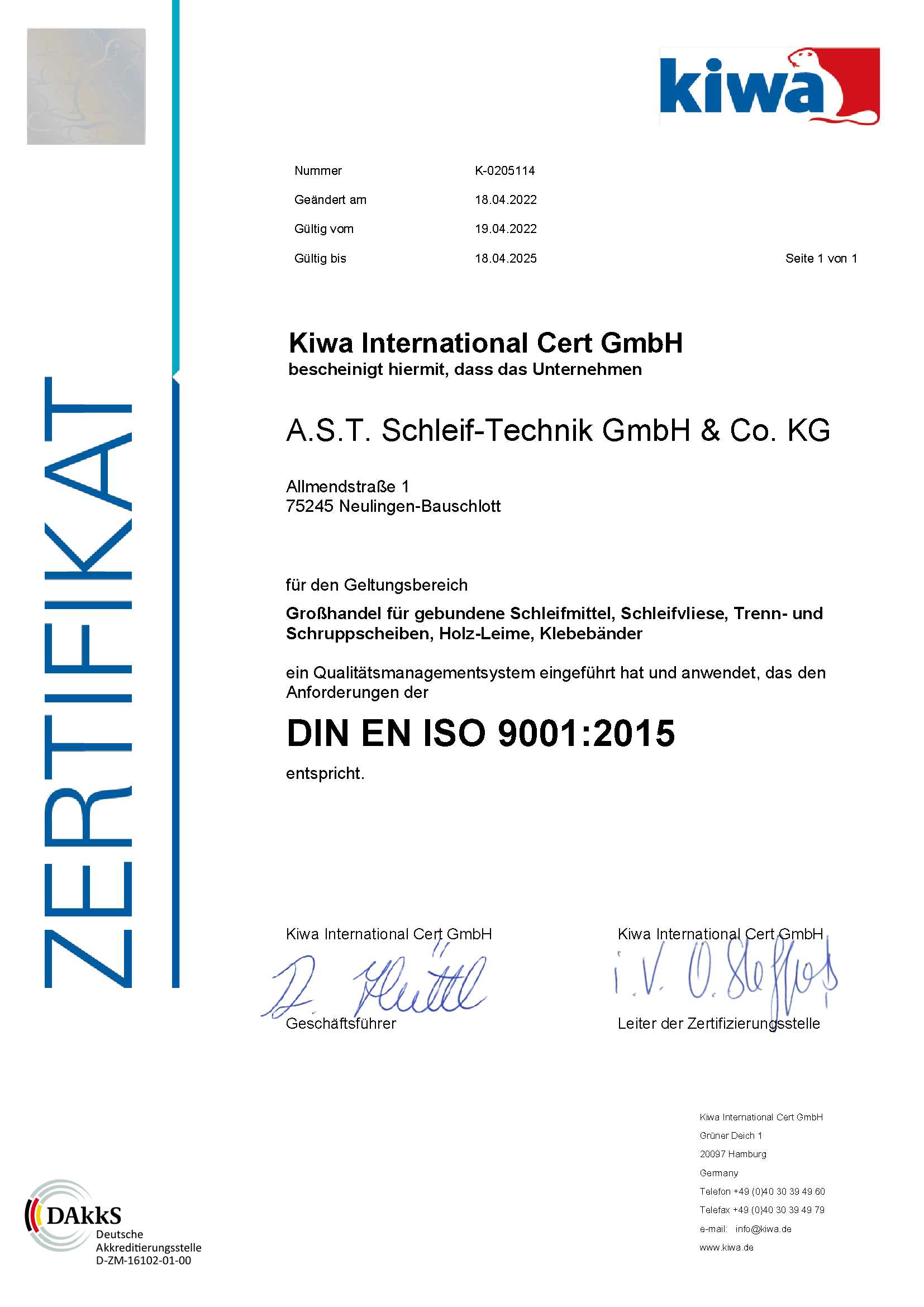 Bild Zertifikat ISO 9001 2015 2022-2025